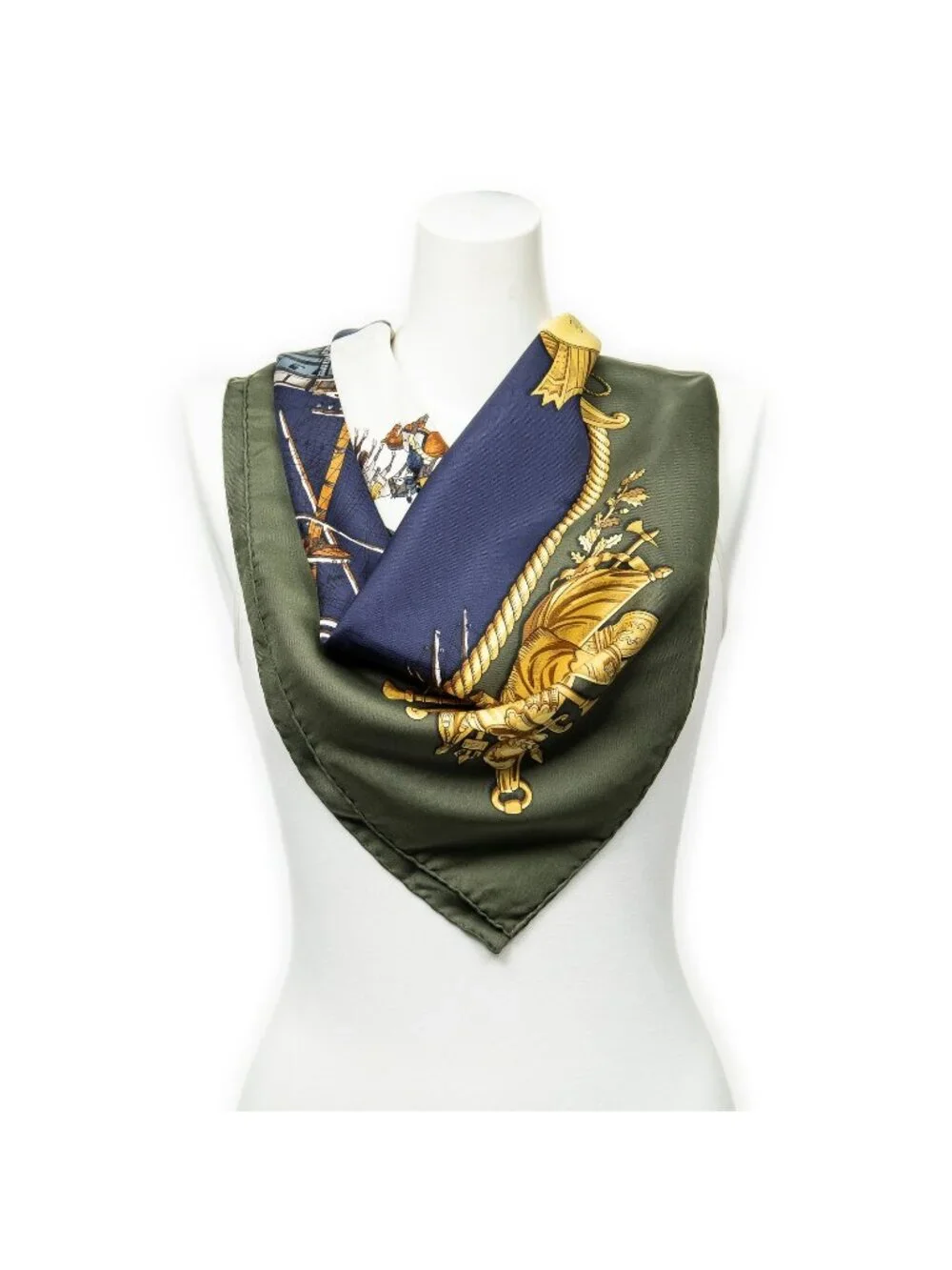 Hermes Scarf Dark Green Navy 100% Gold Twill Silk